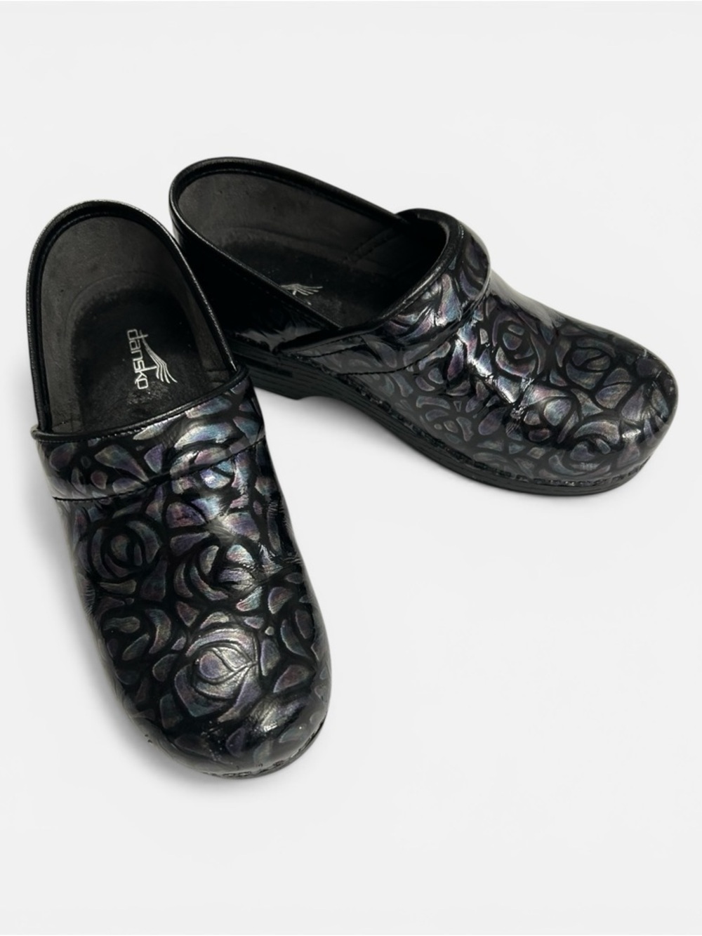 Dansko Professional Night Rose Iridescent Floral Pattern Leather Clogs Sz 5.5